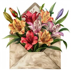 A bouquet of colorful lilies, flowers in a brown envelope, a greeting card.