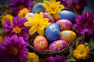 Bright and vibrant Easter eggs, nestled in a bird's nest