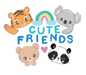Hand Drawn Cute Animals and rainbow, Vector Illustration. Tiger, Koala, Panda and Teddy Bear. Kids print