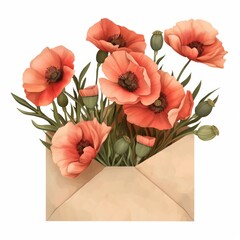 A bouquet of red poppies, flowers in a brown envelope, a greeting card.