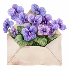 A bouquet of purple violets, spring flowers in a brown envelope, a greeting card.