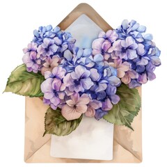 A bouquet of blue hydrangeas, bright flowers in a brown envelope, a greeting card.