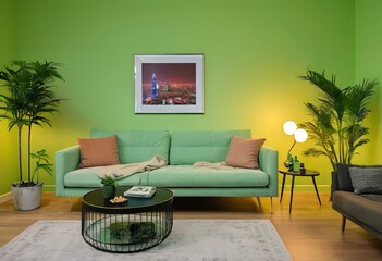 A luxurious living room with a green sofa and decor, light green walls, decor in a greenish color