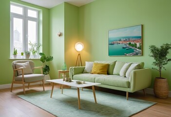 A luxurious living room with a green sofa and decor, light green walls, decor in a greenish color