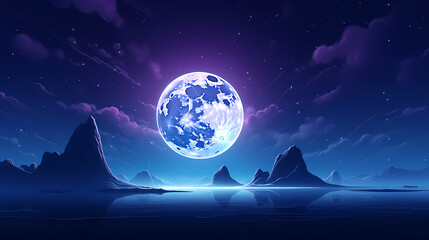 Lunar landscape with full moon in night sky