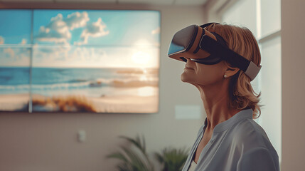 Woman Experiencing Virtual Reality Beach Simulation