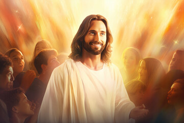 illustration of jesus christ in white clothes and loving peaceful face teaching crowd, blurry people and colorful light rays in background - obrazy, fototapety, plakaty