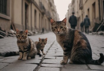 A group of stray cats in an old abandoned town, houses dilapidated, possibly after the war.