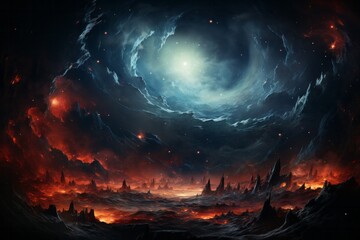 An art piece depicting a dark landscape with a swirling cloud in the sky