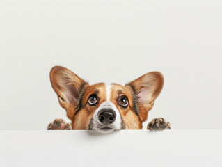 doge captivating eyes is peeking out from the edge of a white table, white bg