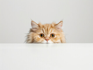 Cat captivating eyes is peeking out from the edge of a white table, white bg