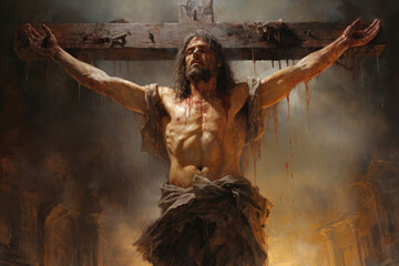 mage of Jesus Christ on the cross, conveying sacrifice, salvation - obrazy, fototapety, plakaty
