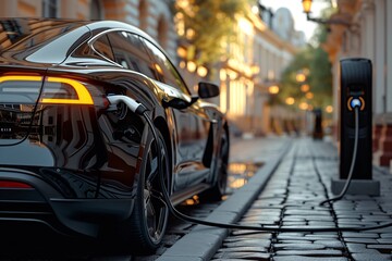 a black car with a cable plugged into it
