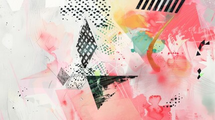Eclectic Mixed Media Background with Geometric Shapes and Watercolor Washes.