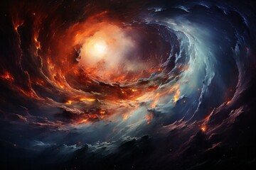 A cosmic painting of a vortex in the sky with a radiant light at the end - obrazy, fototapety, plakaty