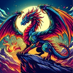 flat logo of Vector Dragon illustration. The dragon is sitting on the mountain with its wings spread. festival