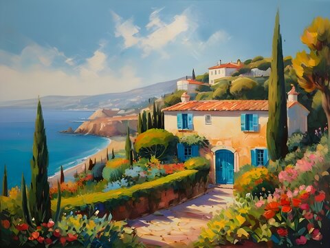 Vibrant impressionist painting depicts a picturesque country house surrounded by lush gardens, overlooking the sea and bathed in the Mediterranean sun. Generative AI