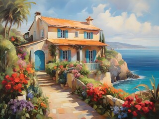 Fototapeta premium Vibrant impressionist painting depicts a picturesque country house surrounded by lush gardens, overlooking the sea and bathed in the Mediterranean sun. Generative AI