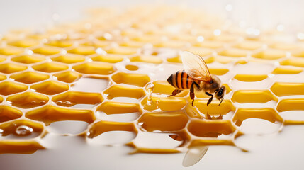 Close-up of a bee sitting on a honeycomb floating in milk. Breakfast cereal banner. Honeycomb in milk.