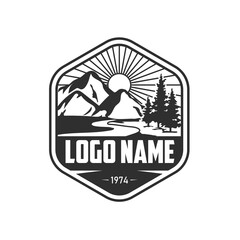 mountain river logo, nature landscape, camp logo