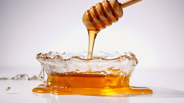 Close-up of a honey scoop with honey dripping onto a honeycomb. Breakfast cereal banner. Honeycomb