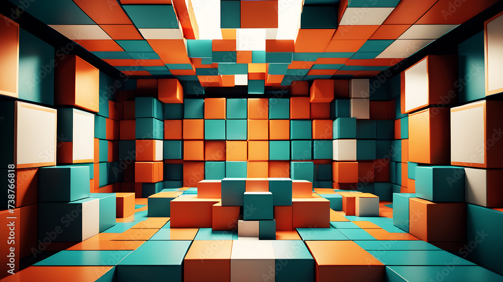 Poster design a background using a harmonious interplay of geometric shapes, with boxes as the central moti