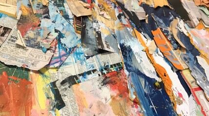 Abstract Mixed Media Collage with Textured Newspaper and Acrylic Paint Elements.