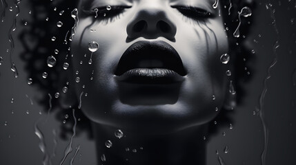The face of an African-American woman in black and white with water drops falling on her face. Cosmetic concept. Black and White Background