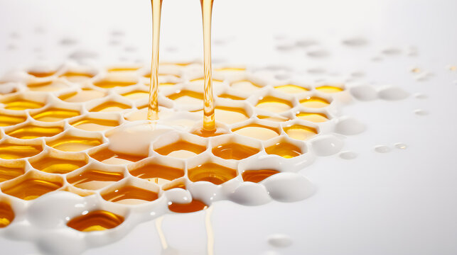 Close-up of honey dripping onto a honeycomb bathed in milk. Breakfast cereal banner. Honeycomb