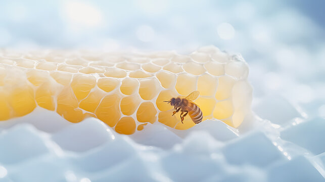 Close-up of a bee sitting on a honeycomb floating in milk. Breakfast cereal banner. Honeycomb in milk.