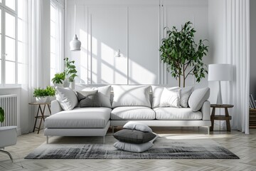 Modern Interior Design: Stylish Living Room with Gray Sofa and Minimalist Furnishings