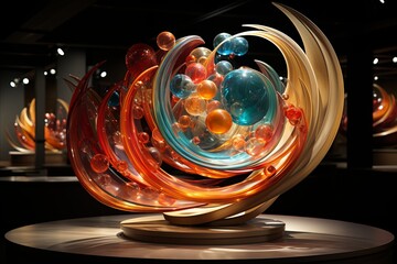 A vibrant glass sculpture sits on a table in a dimly lit room