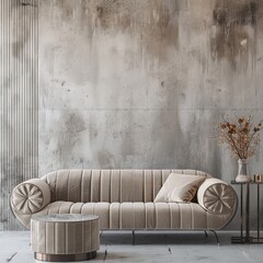 Modern Minimalist Interior Design with Beige Velvet Sofa Against Gray Stucco Wall