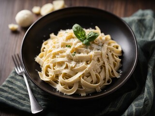 Italian carbonara cheese pasta noodle with basil on top, cinematic cuisine food photography 