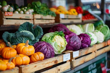 An outdoor marketplace displays a colorful array of natural, whole foods including squash, cabbage, and pumpkin, providing a variety of options for vegan and vegetarian diets