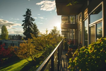 Fotobehang Seattle Apartment House Exterior: Balcony View of Sunny, Green Surroundings © AIGen