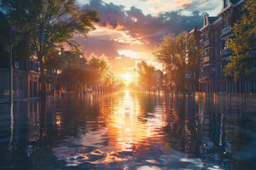 Climate change and global warming concept illustrating a result of an extreme weather changes and ensued flooding  - obrazy, fototapety, plakaty