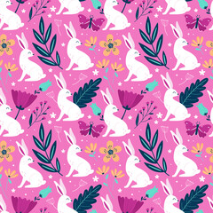 Easter holiday seamless pattern design with cute bunny and spring flowers. Childish print for wrapping paper, wallpaper, background and packaging - obrazy, fototapety, plakaty
