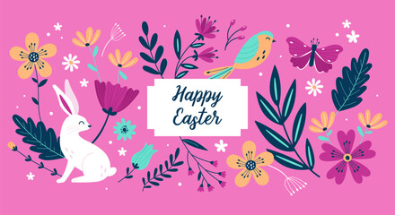 Fototapeta na wymiar Easter holiday cute greeting card design with bunny and spring flowers. Childish print for cards, border background and packaging