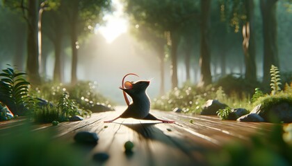 Mouse doing Yoga Half Moon pose in Forest - obrazy, fototapety, plakaty