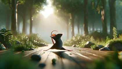 Foto op Plexiglas Mouse doing Yoga Half Moon pose in Forest © Sabine