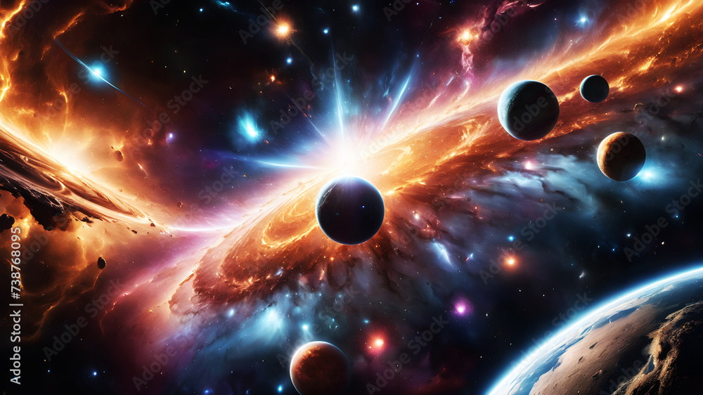 Poster infuse a cosmic element into your background, using celestial patterns and colors within a framework
