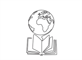 Continuous one line drawing of open Book and globe Earth planet concept
