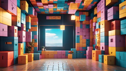 Explore a digital aesthetic by designing a background composed of pixelated boxes, creating a contemporary and dynamic visual experience bright ligtning, kodak 400, cinematic, ultra realistic - obrazy, fototapety, plakaty