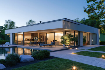 Fototapeta na wymiar View of luxurious modern house exterior with dining space and garden villa