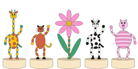 Set Push and Shake old Toy. Geometric  animal collection isolated white background. Vector illustration can used children Educational Games design . EPS 10 Editable stroke.