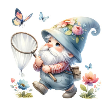 A cute gnome hold  a butterfly net - Gnome  clipart watercolor illustration pastel corlor nursery art 