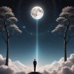 businessman standing on the moon and looking up in the sky. businessman standing on the moon and looking up in the sky. businessman walking in dark clouds above a huge tree with a moon. 3d illustratio