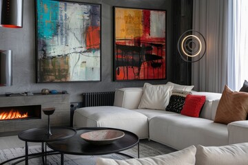 Cozy Living Room With Fireplace and Furniture. Generative AI