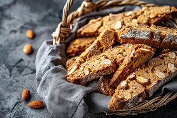 Biscotti di prato on a grey napkin background. Pile of traditional italian cantuccini nuts cookies